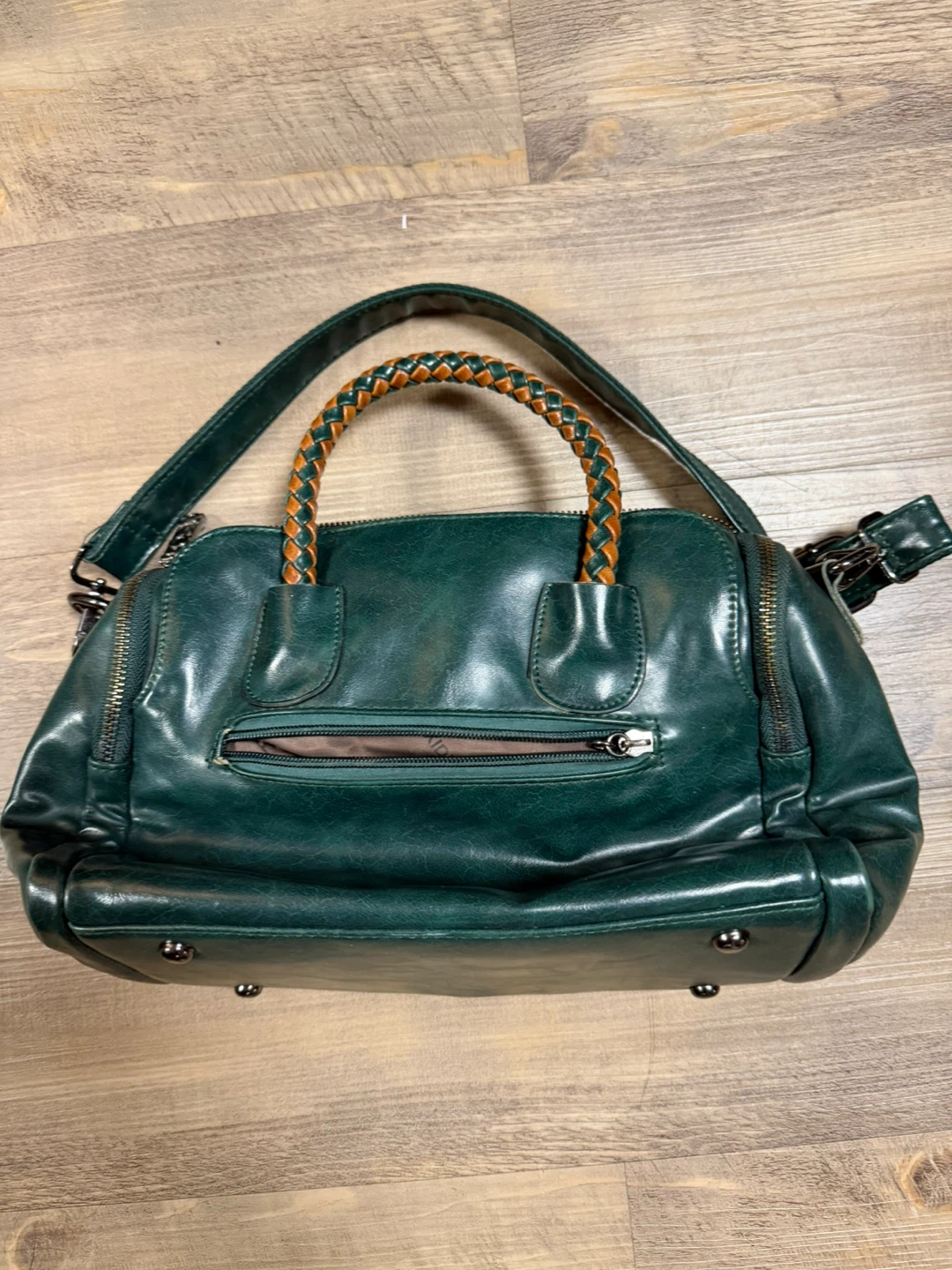 Green Faux Leather Satchel Handbag with Braided Handles - photo 2