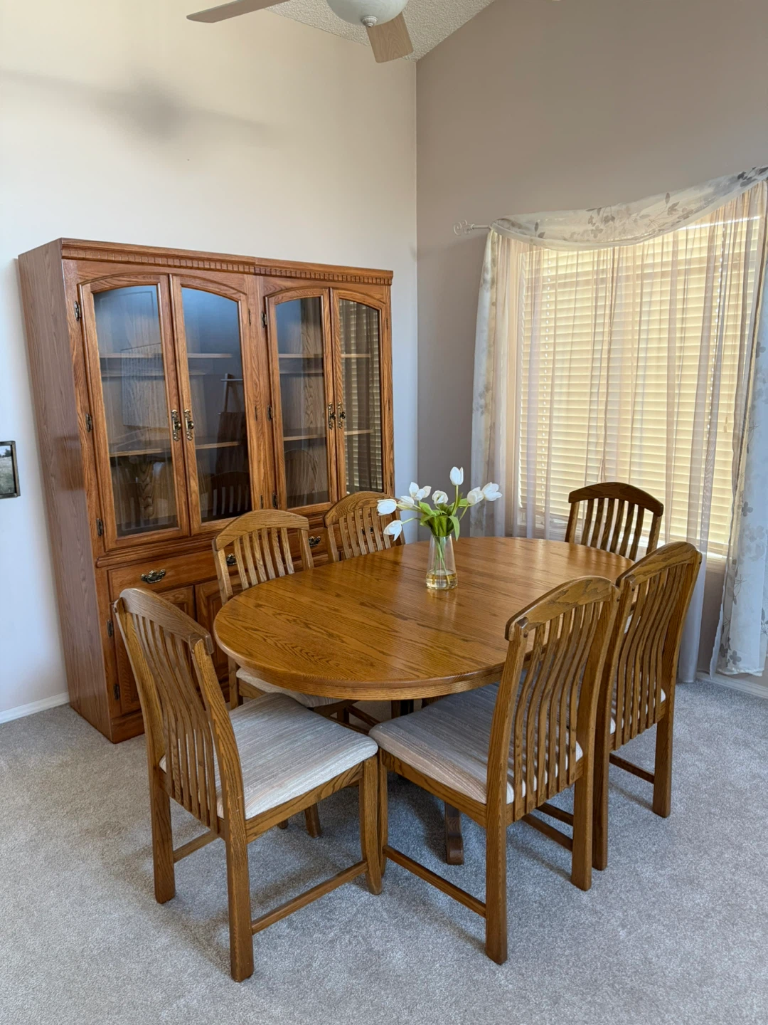 Oval dining table, 6 chairs, 2 cabinets (solid oak)