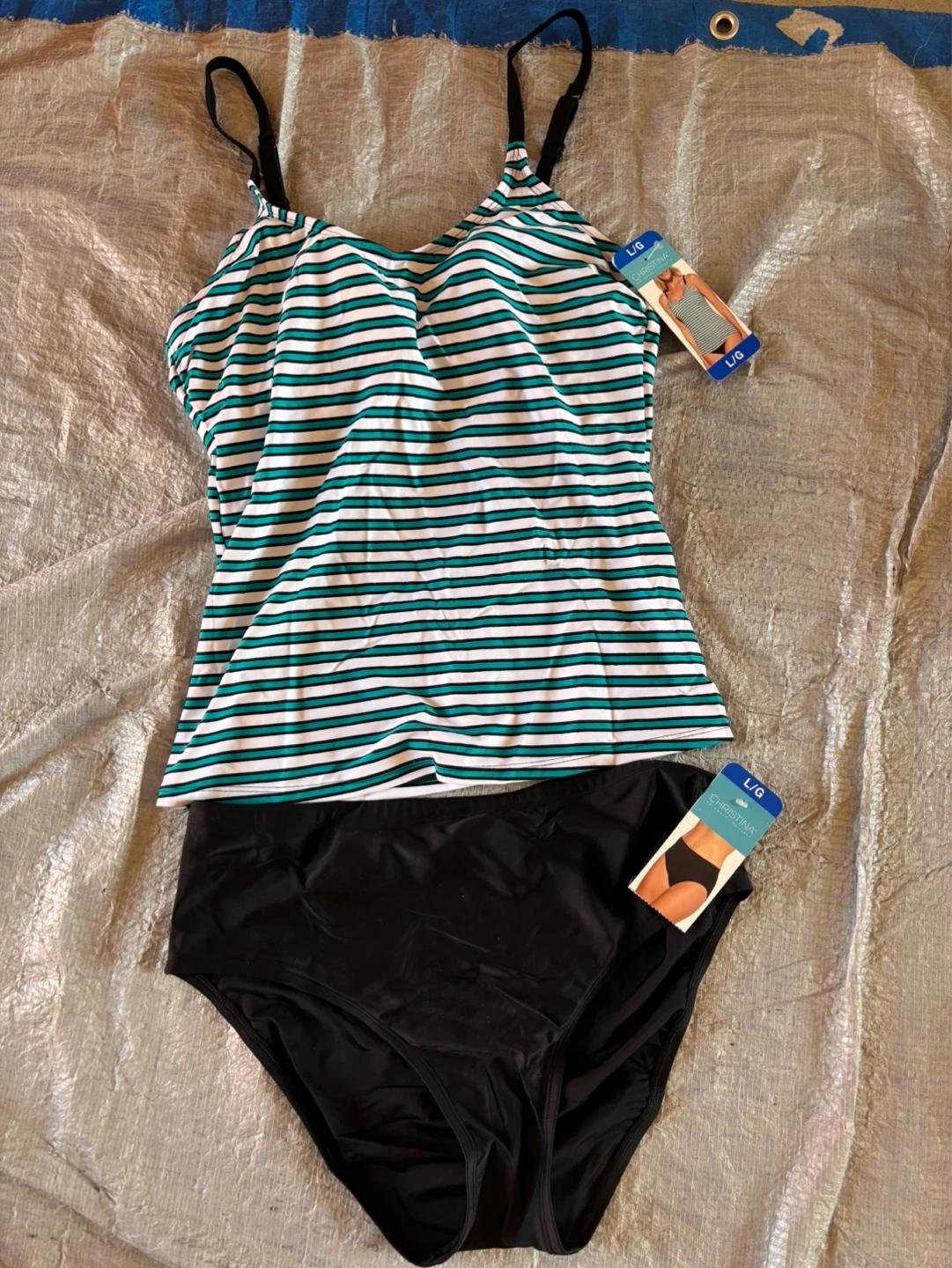 Christina Swimwear L/G Tankini Set - Striped Top & Black Bottoms
