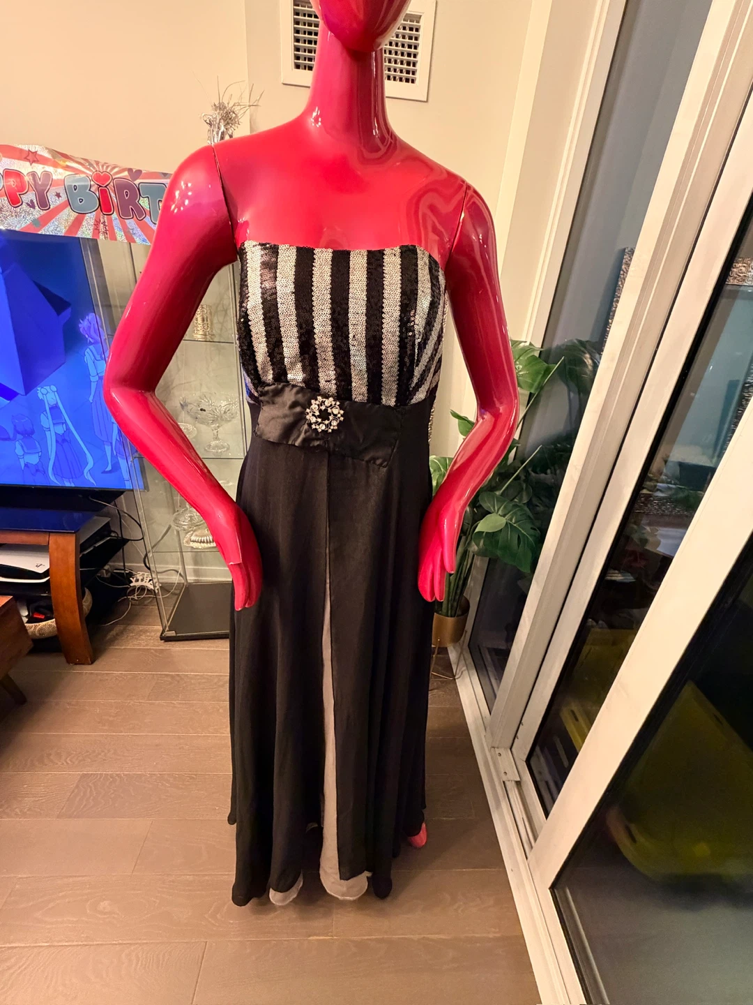 Strapless Black Evening Gown with Sequins and Brooch Accent - photo 3