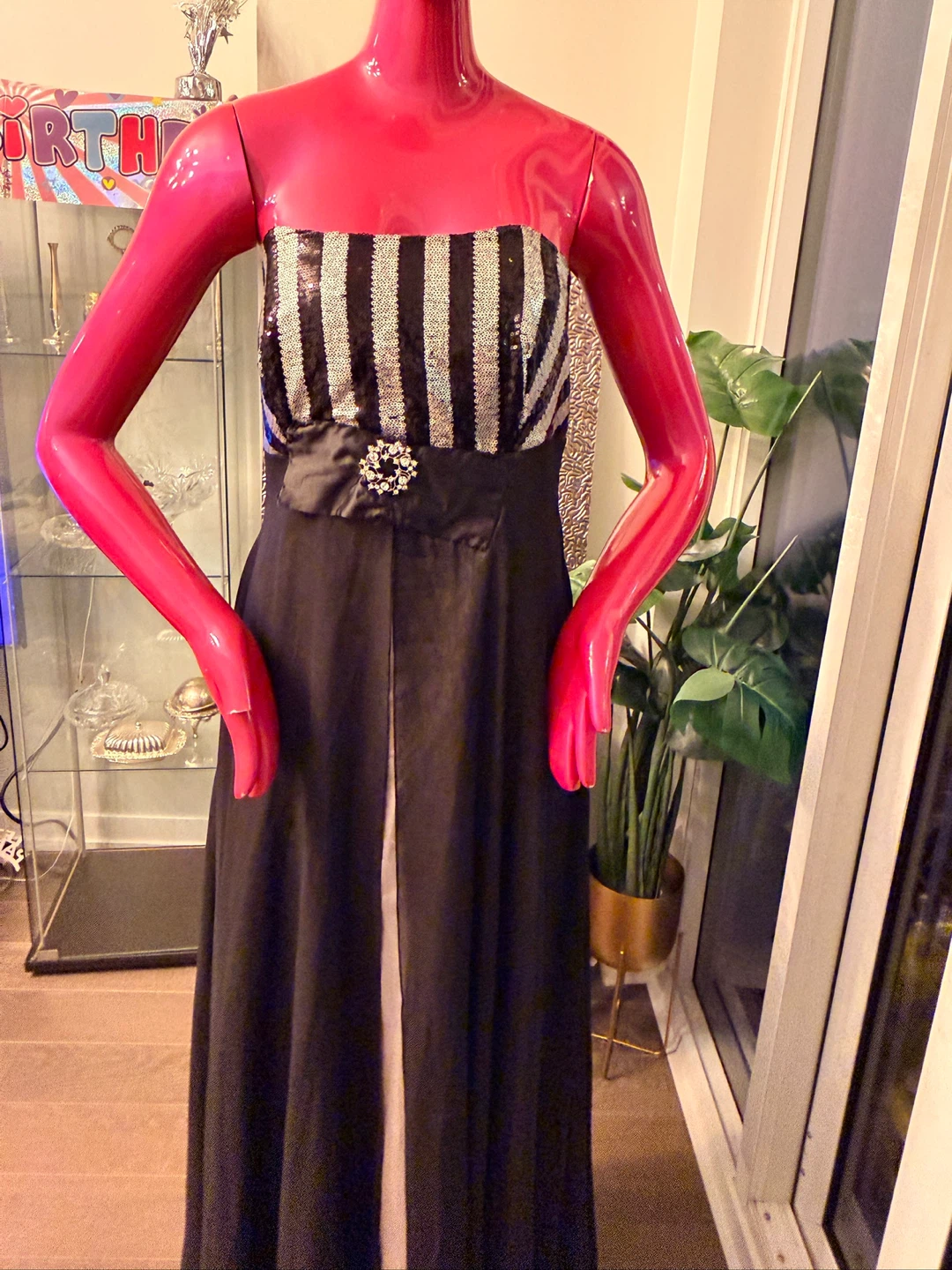 Strapless Black Evening Gown with Sequins and Brooch Accent