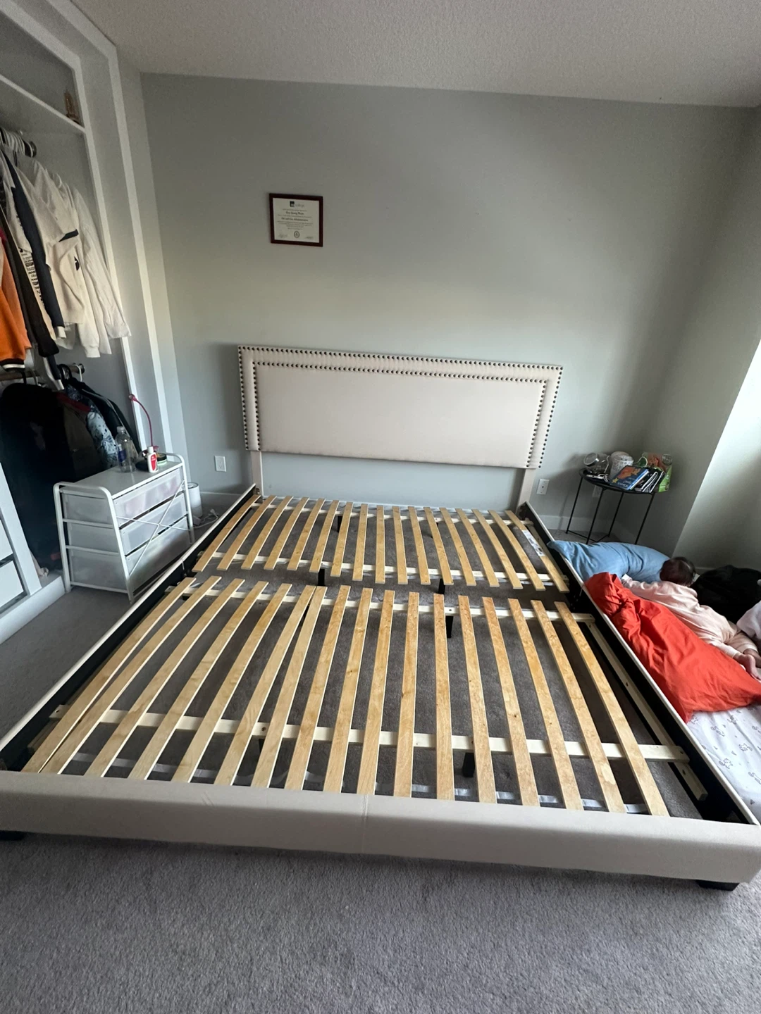 Queen Beige Upholstered Bed Frame with Headboard - photo 2