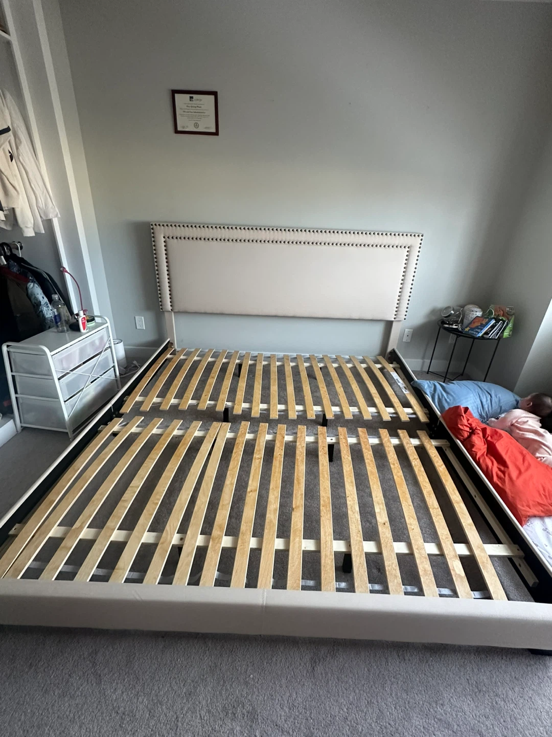Queen Beige Upholstered Bed Frame with Headboard