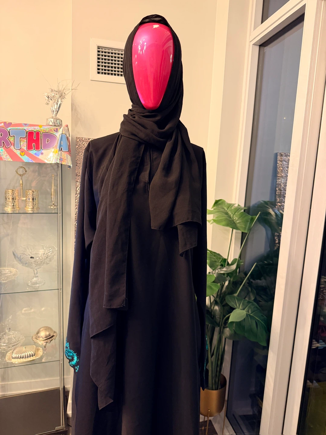 Black Abaya with Teal Embroidered Cuffs - photo 3