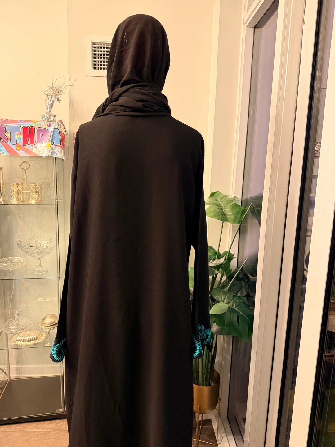 Black Abaya with Teal Embroidered Cuffs - photo 2