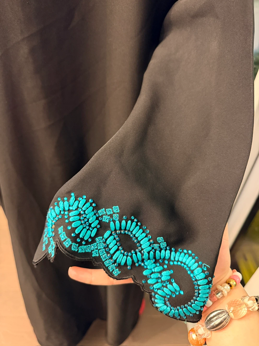 Black Abaya with Teal Embroidered Cuffs