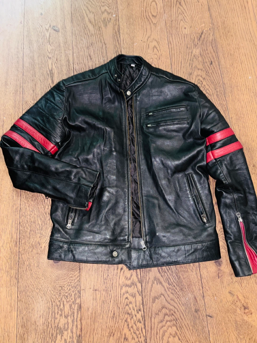 Black Leather Jacket with Red Stripes