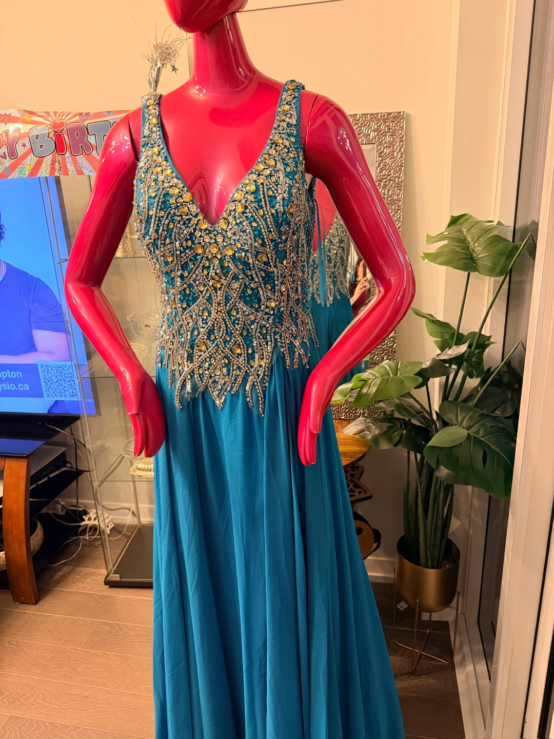 Turquoise Beaded Gown with Bolero and Sleeves
