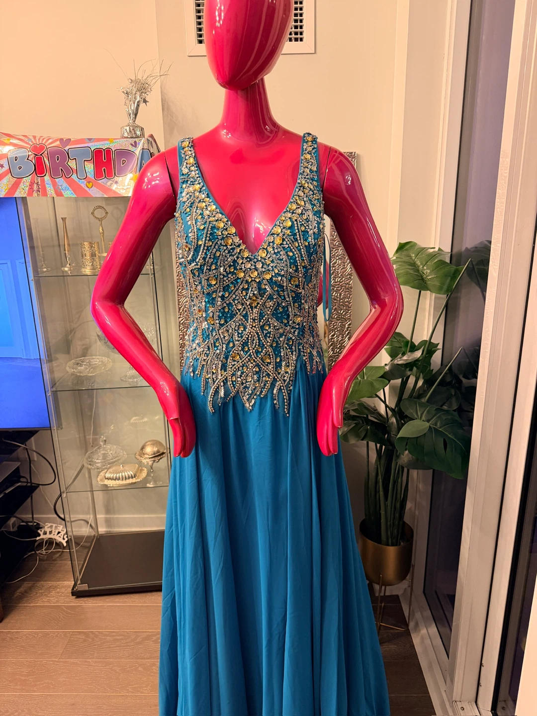 Turquoise Beaded Gown with Bolero and Sleeves - photo 3