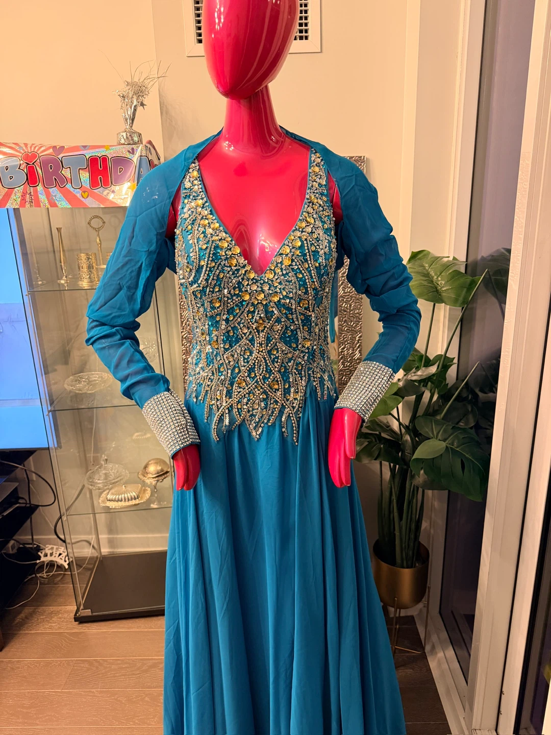 Turquoise Beaded Gown with Bolero and Sleeves - photo 2