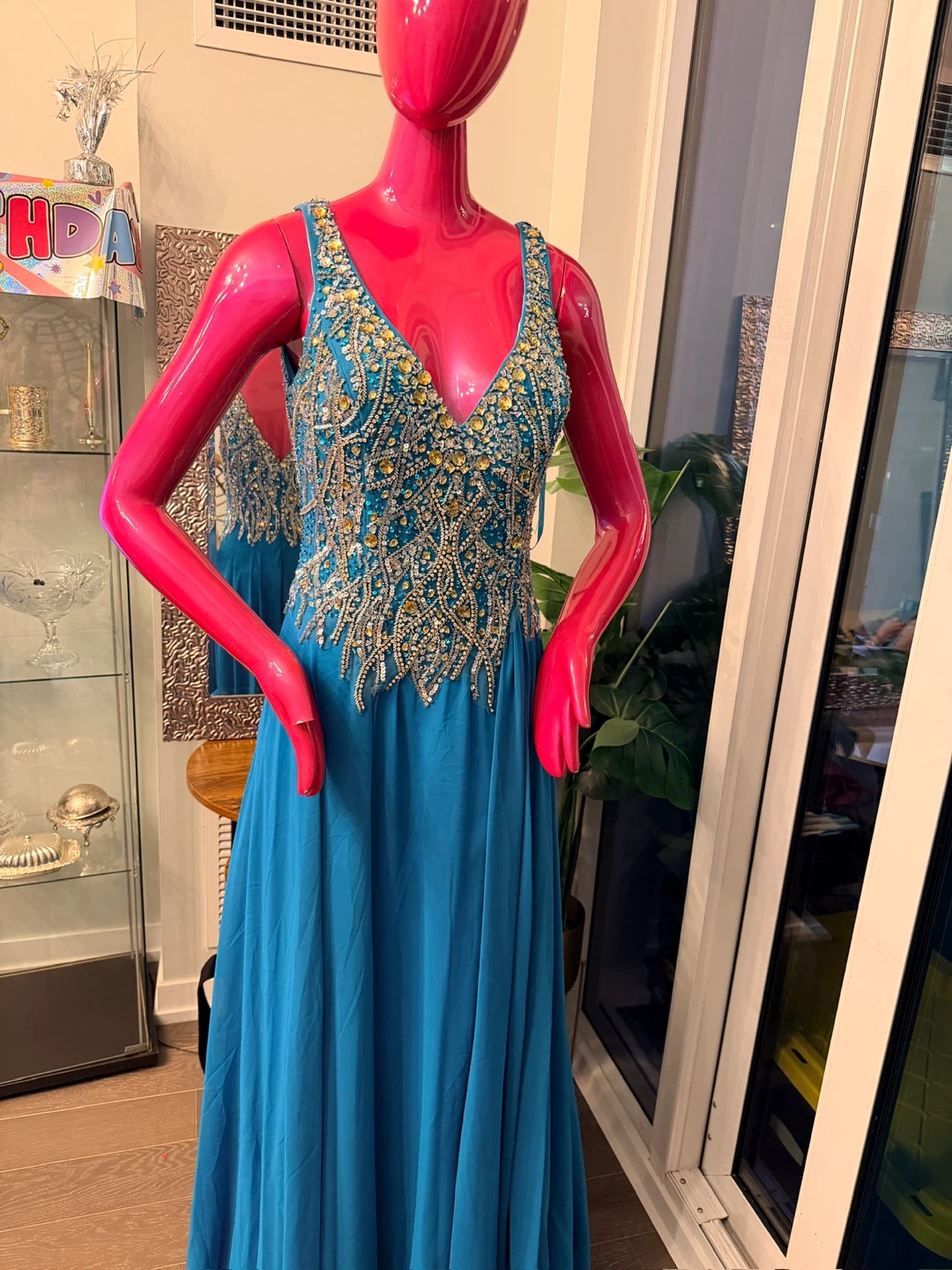 Turquoise Beaded Gown with Bolero and Sleeves - photo 4