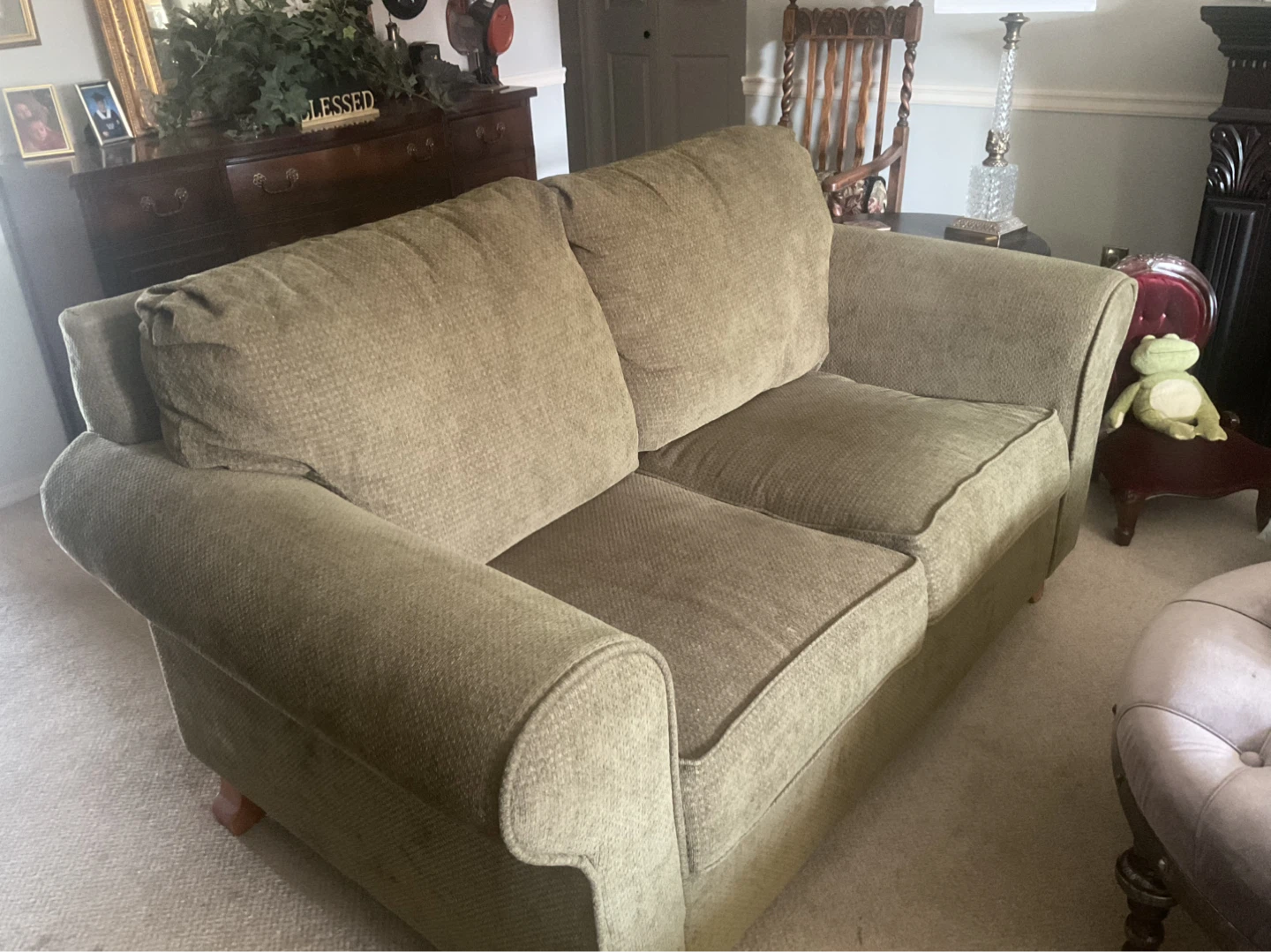 Olive Green Fabric Loveseat Sofa