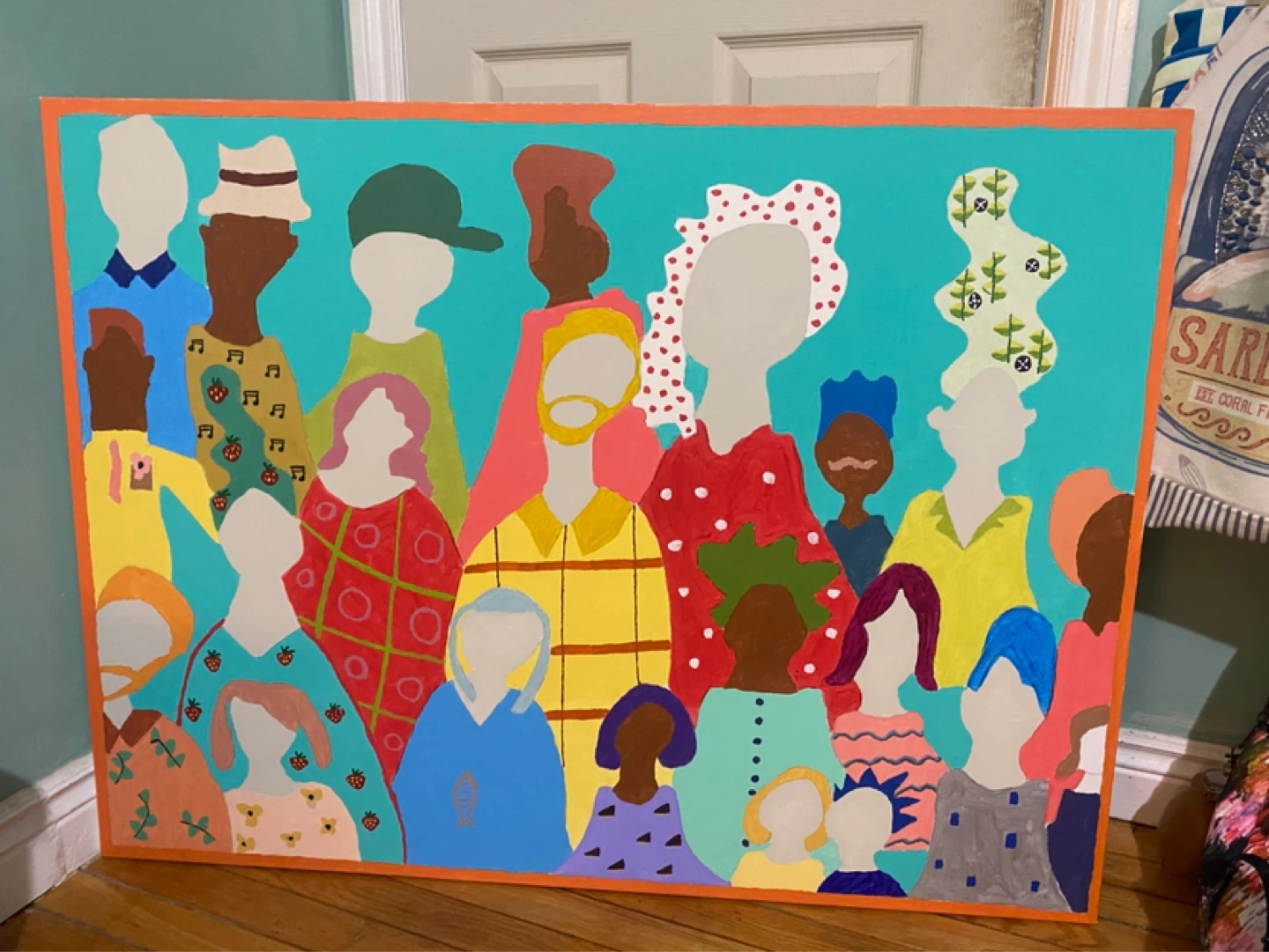 Vibrant Folk Art Style Acrylic Painting of Diverse People