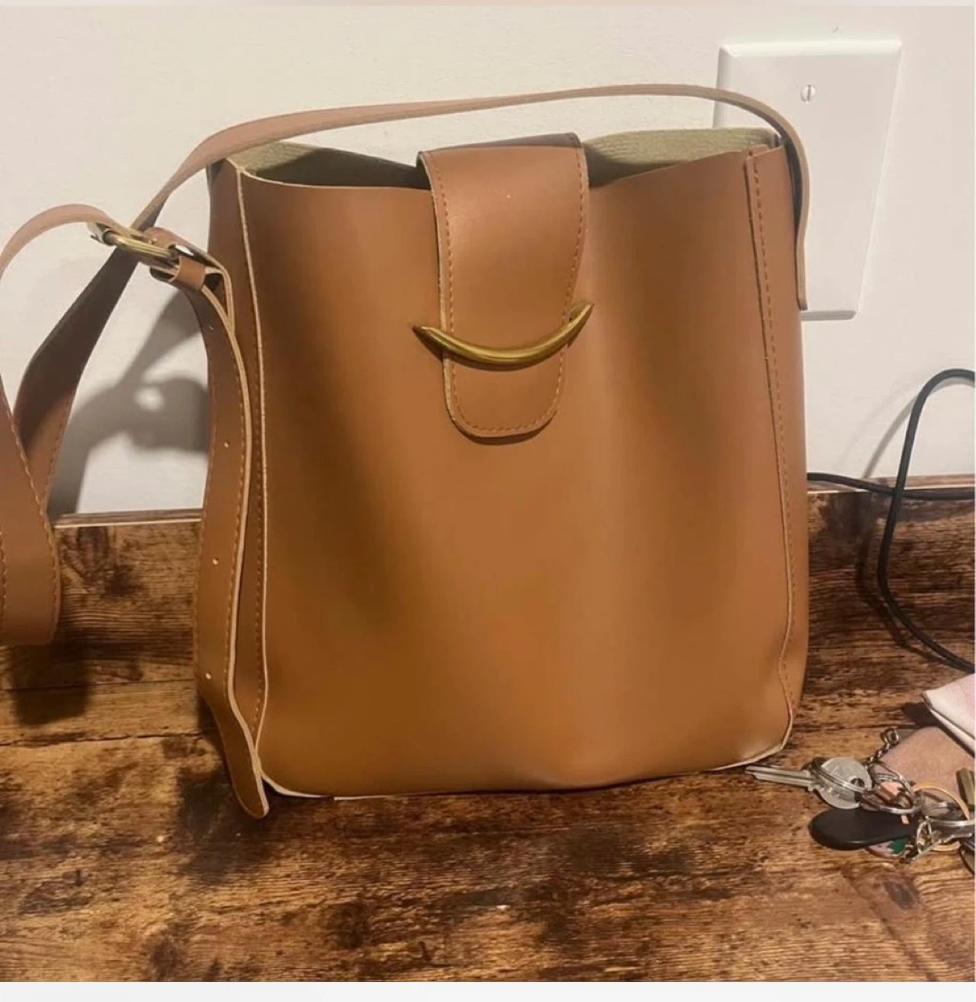 Brown Faux Leather Bucket Bag