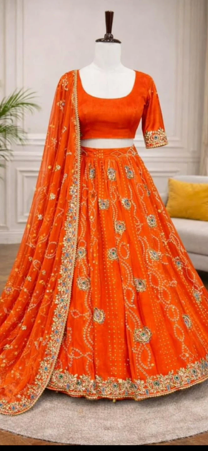 Orange Embroidered Lehenga with Dupatta