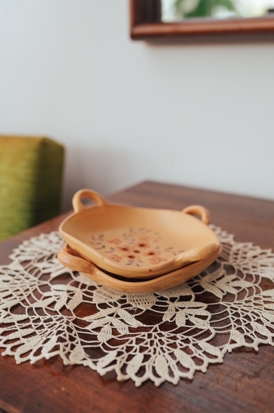 Vintage Hand-Painted Ceramic Berry Strainer Dishes — Pair
