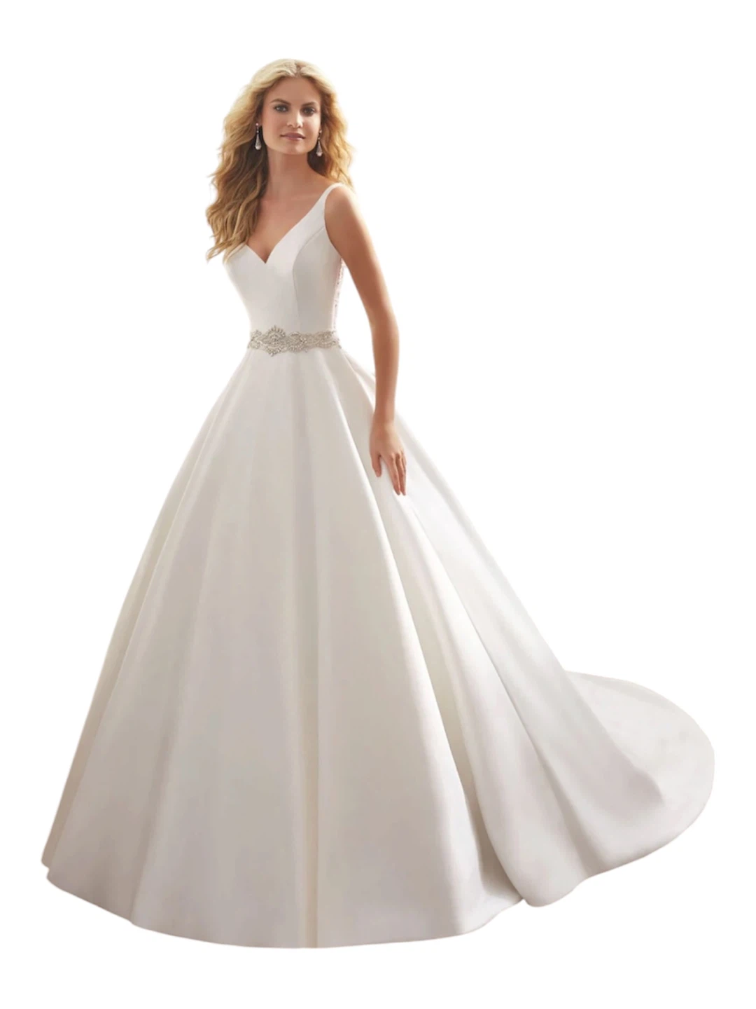 White Satin Wedding Dress with Beaded Bodice and Waistline
