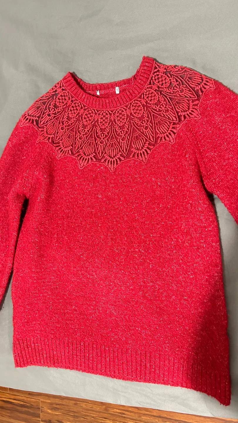 Red Sweater with Lace Detail