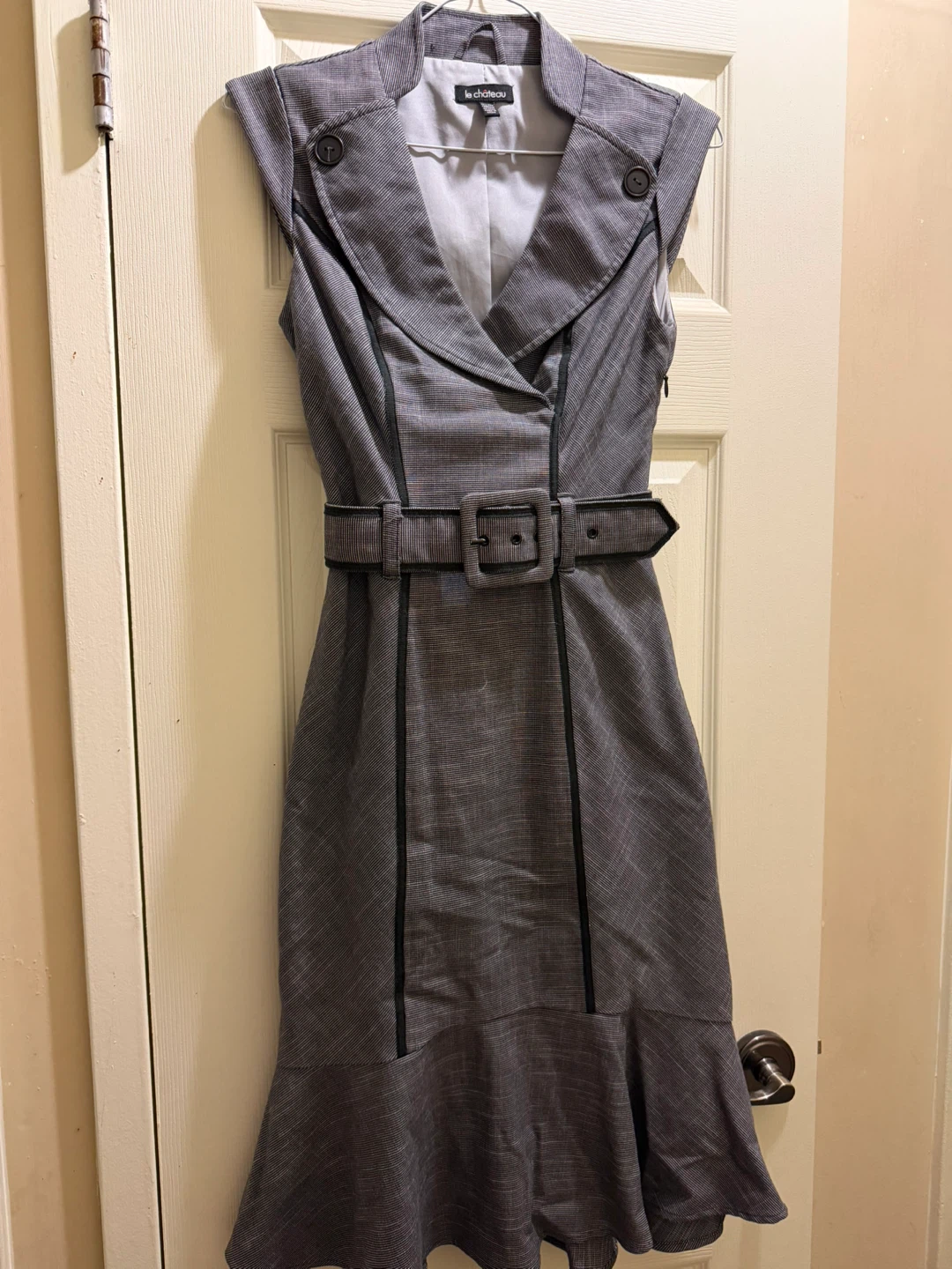 Le Château Grey Pinstripe Belted Dress