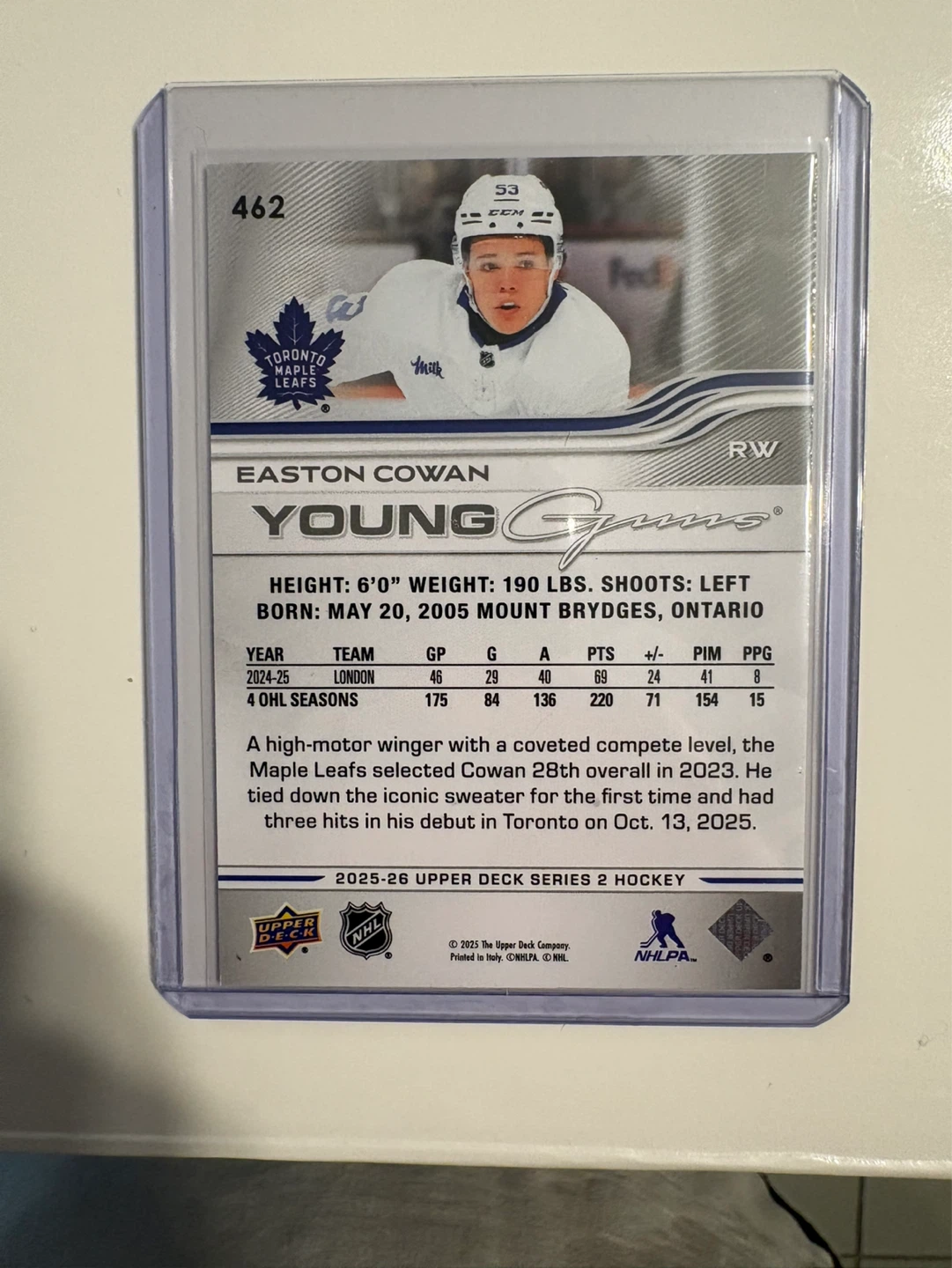 2025 Upper Deck Series 2 Easton Cowan Young Guns Hockey Card - photo 2
