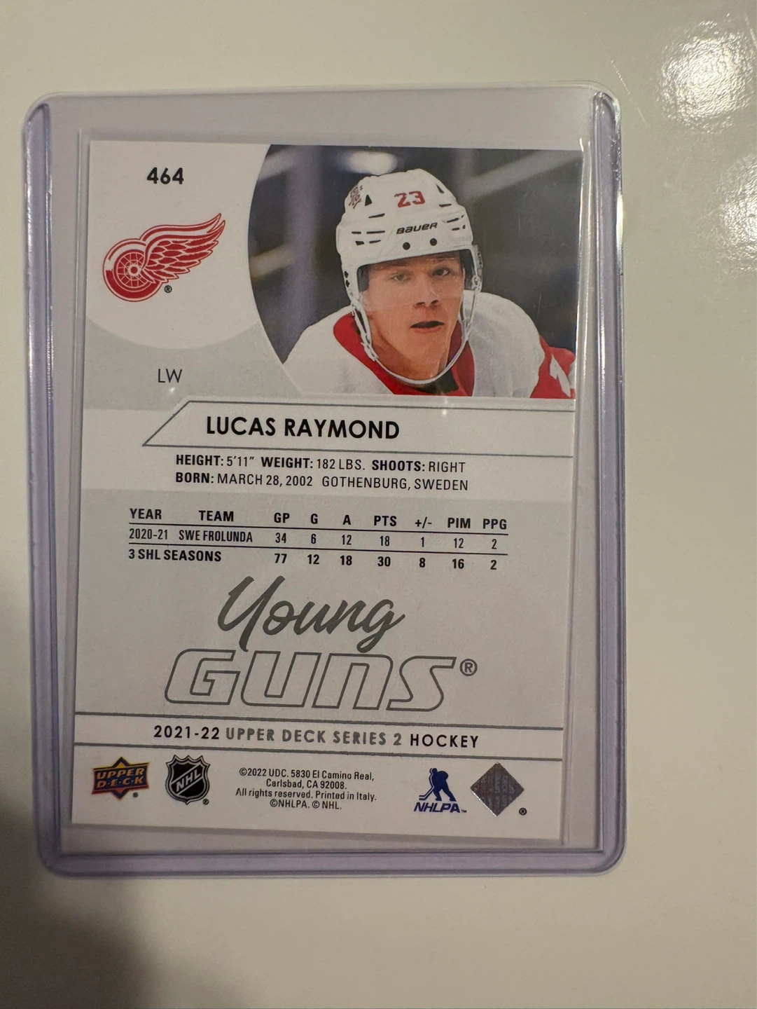 Lucas Raymond Young Guns 2021-22 Upper Deck Hockey Card - photo 2