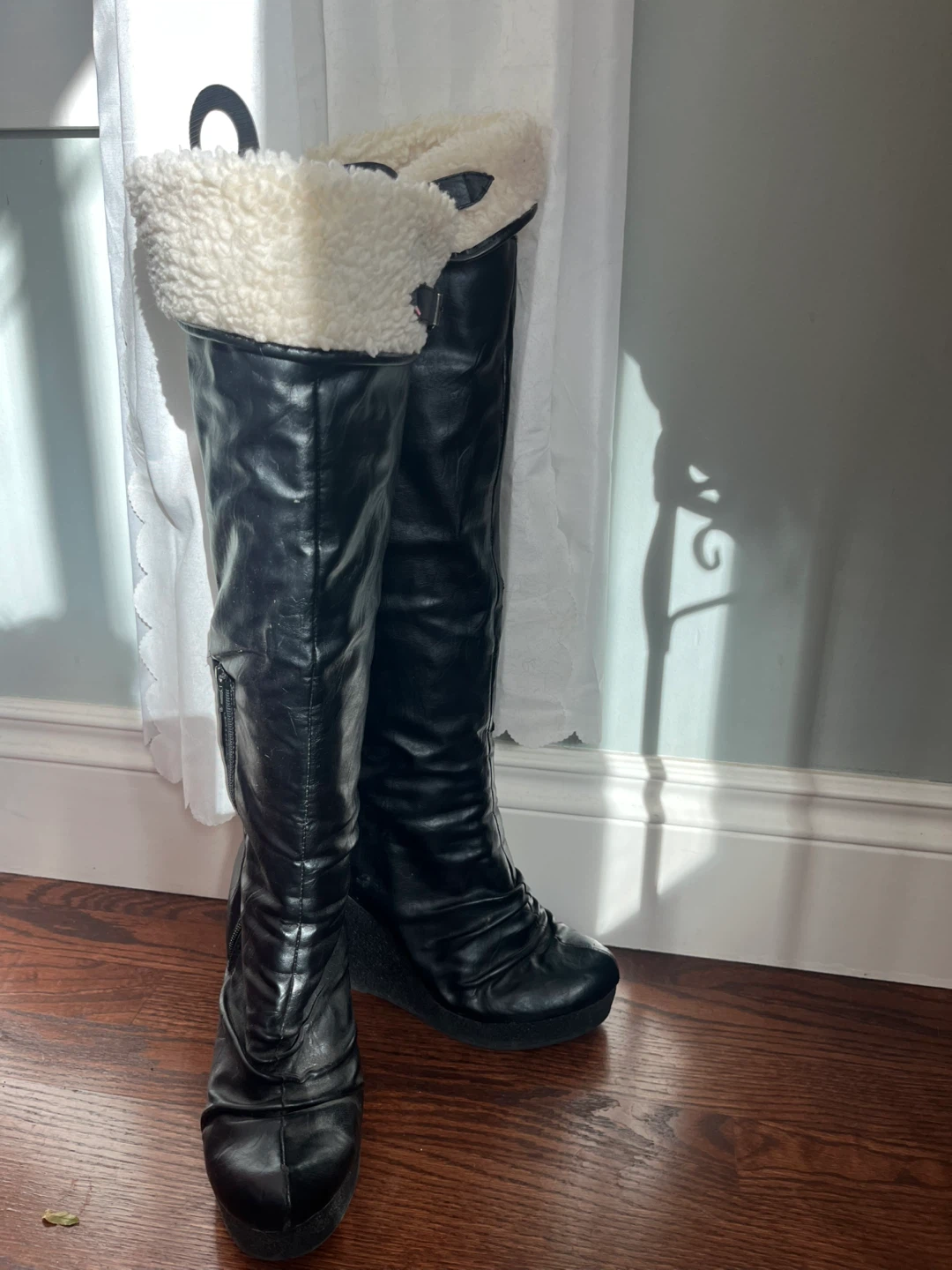Women's Black Wedge Boots with Shearling Trim - photo 2