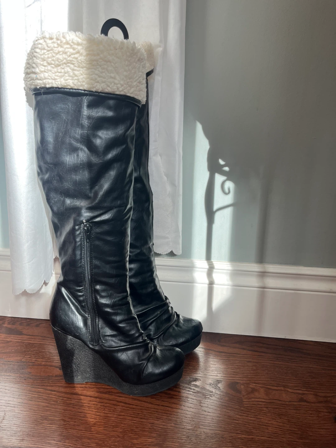 Women's Black Wedge Boots with Shearling Trim