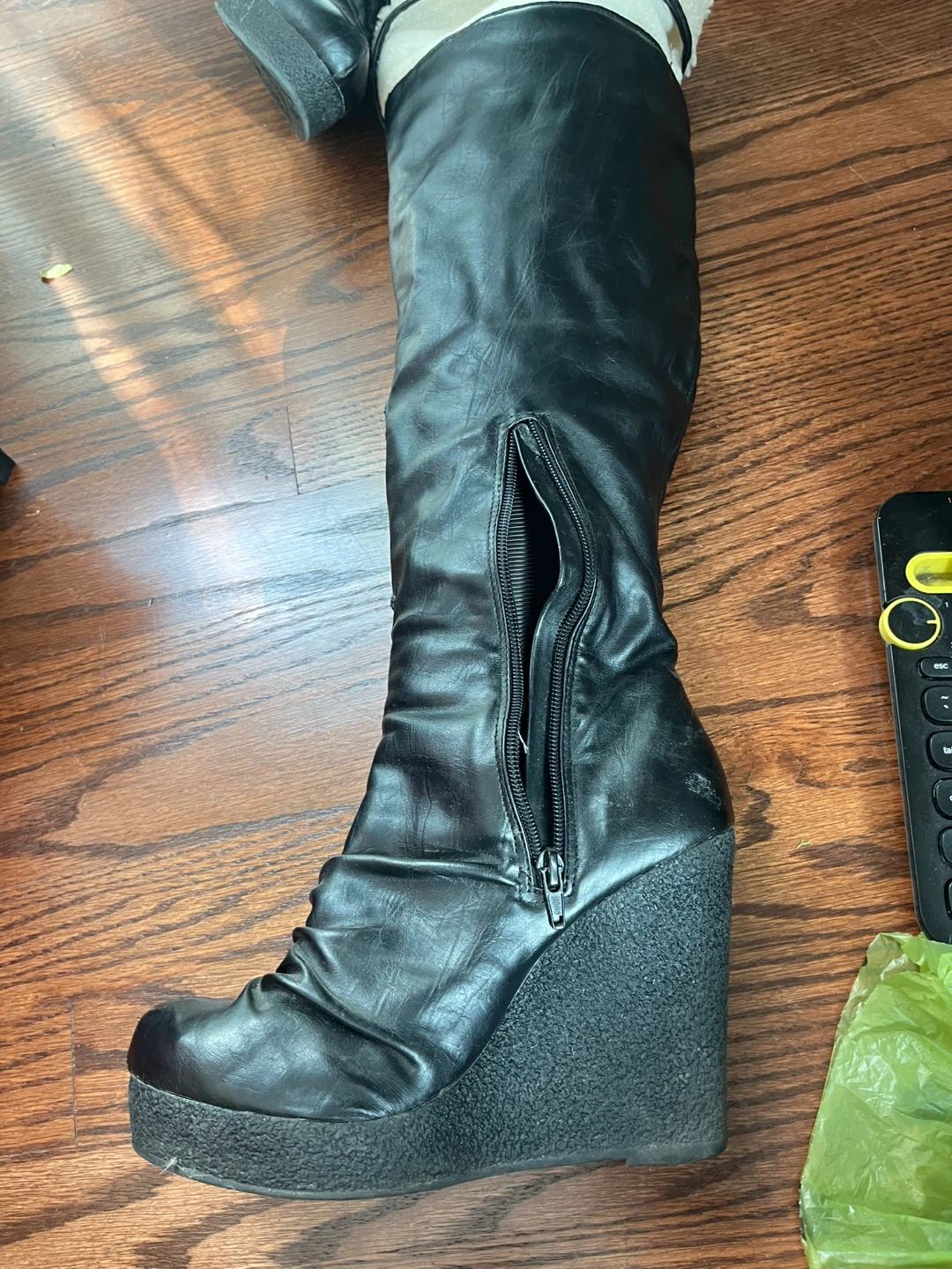 Women's Black Wedge Boots with Shearling Trim - photo 3