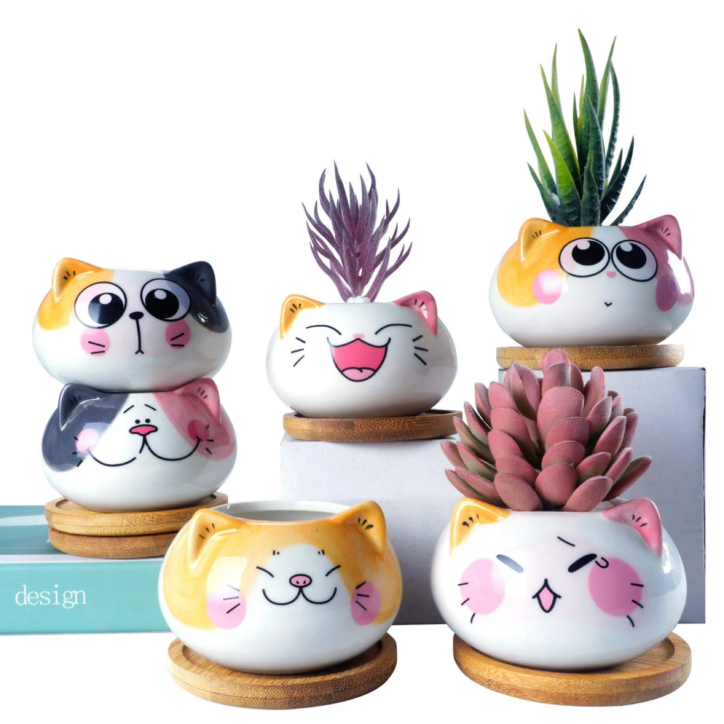 Cute Cats Ceramic Planter Pots with Bamboo Trays