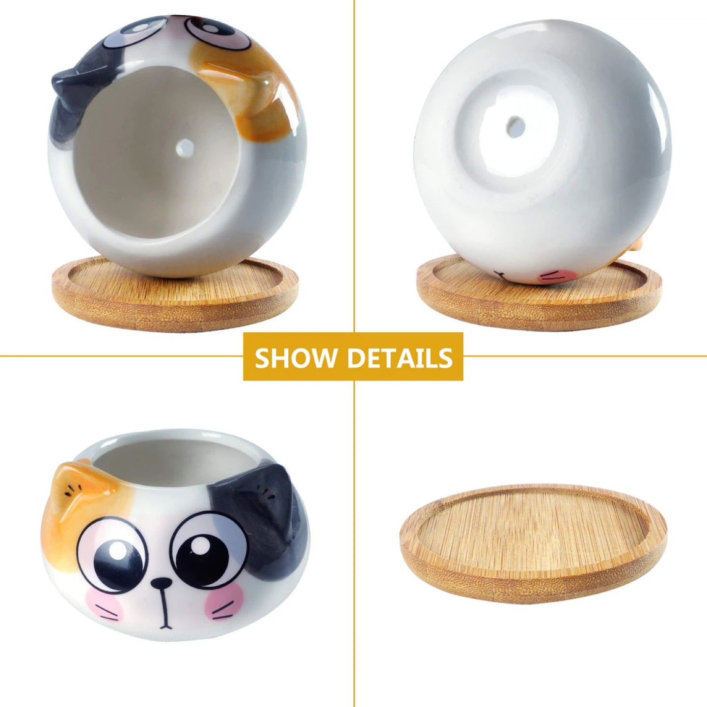 Cute Cats Ceramic Planter Pots with Bamboo Trays - photo 4