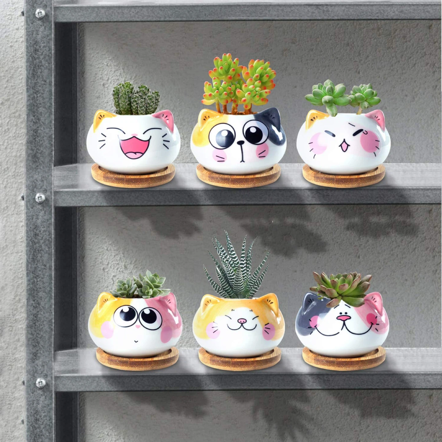 Cute Cats Ceramic Planter Pots with Bamboo Trays - photo 2