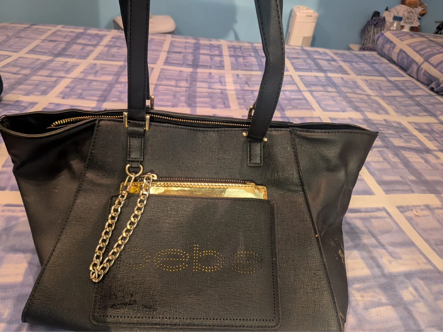 Black Bebe Tote Bag with Gold Chain Detail