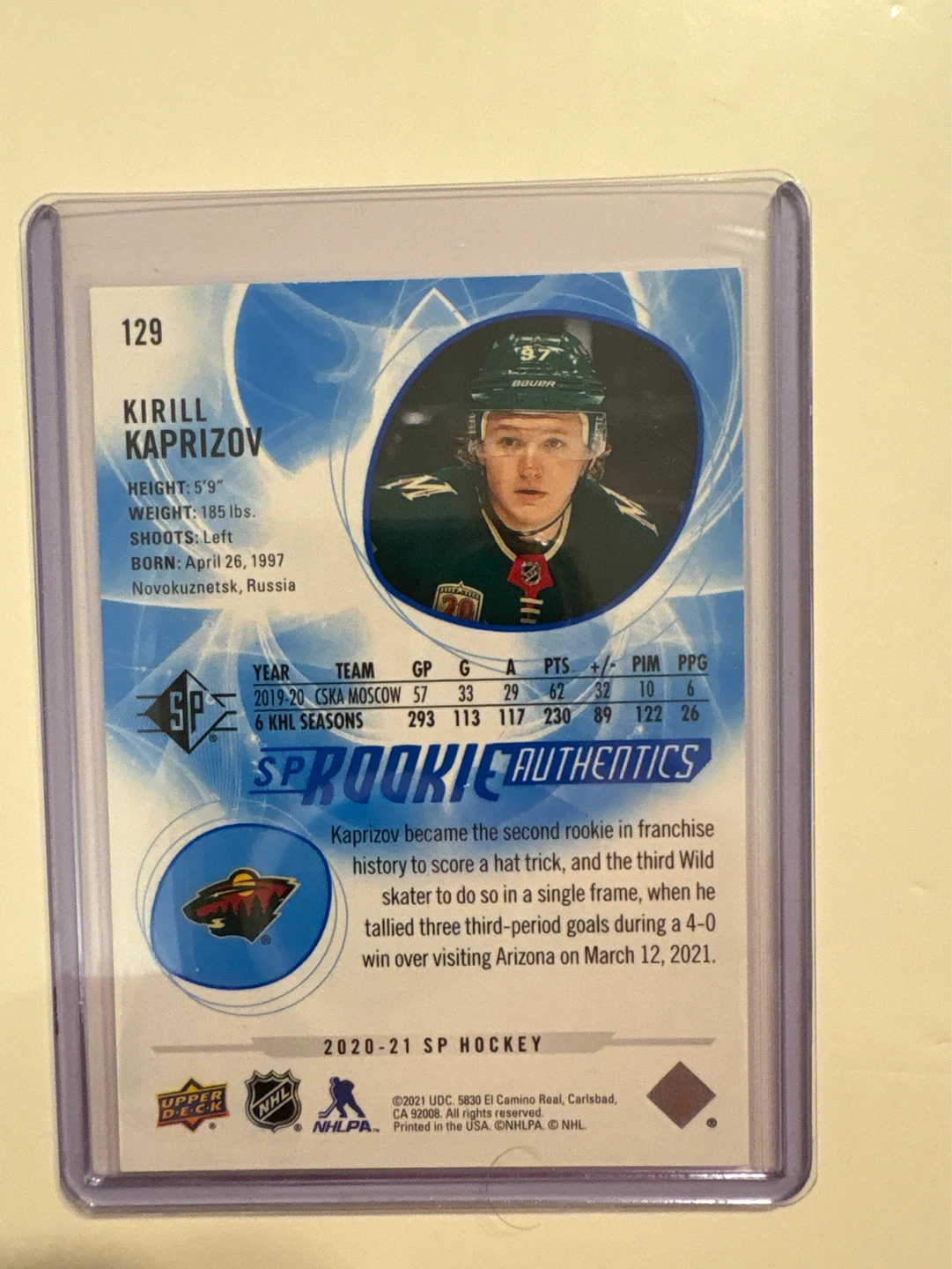 2020-21 Upper Deck SP Hockey Kirill Kaprizov Rookie Card - photo 2