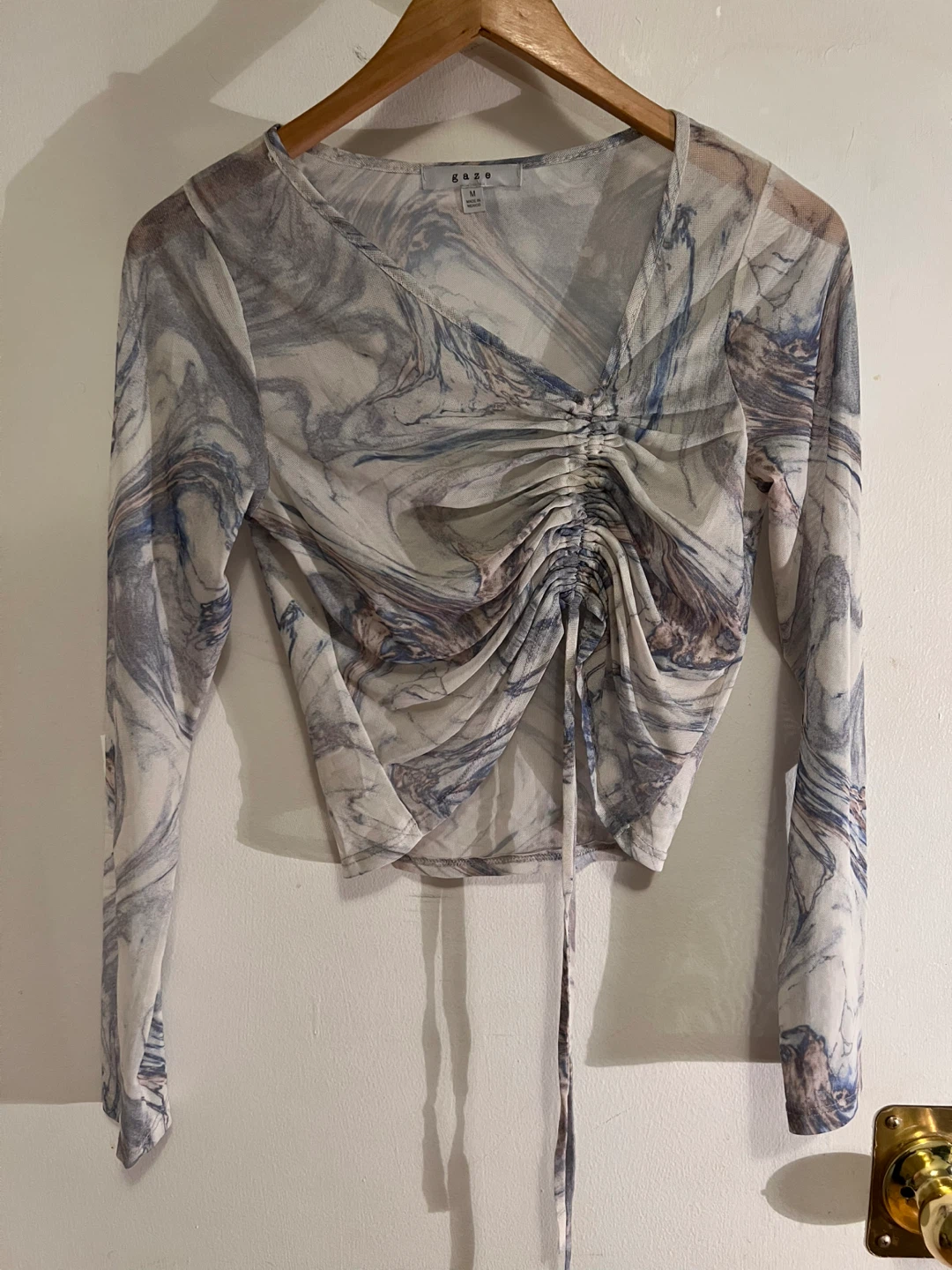 Transparent Marble Print Mesh Ruched Long Sleeve Top - photo 2