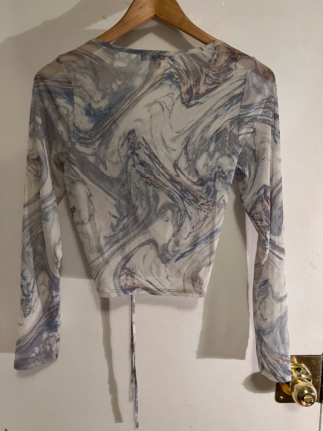 Transparent Marble Print Mesh Ruched Long Sleeve Top - photo 3
