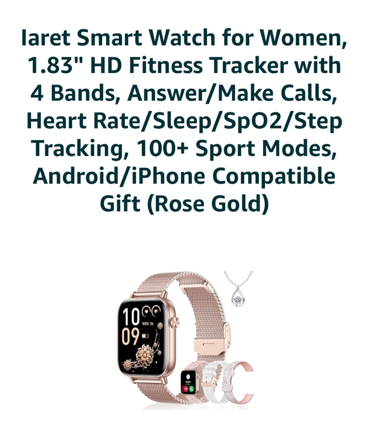 IARET Rose Gold Smart Watch for Women with 3 Bands & Necklace