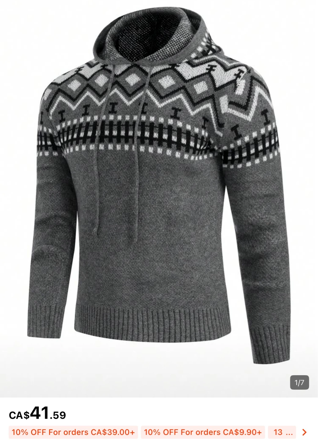 Grey Fair Isle Knit Hoodie