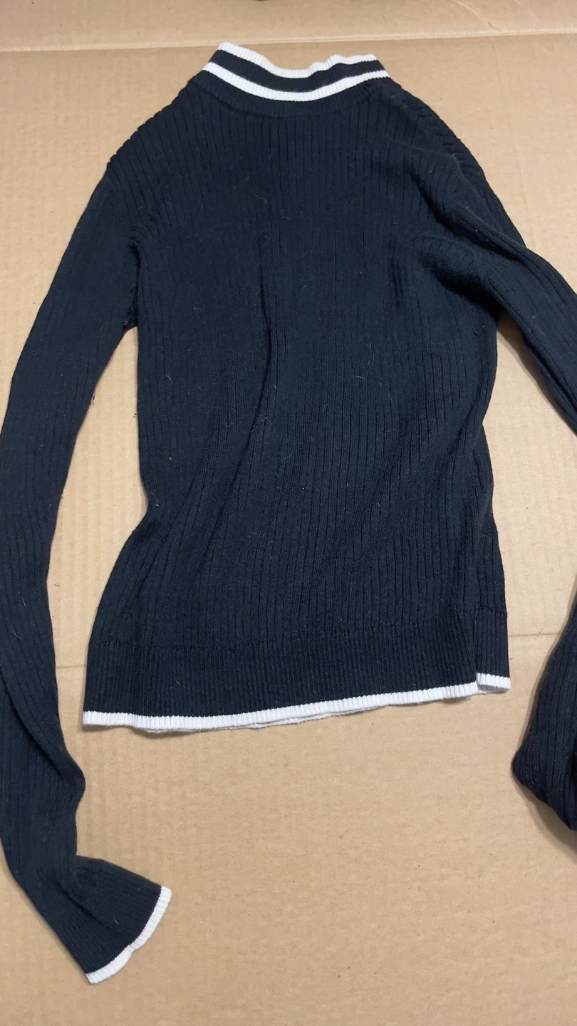 Black Ribbed Sweater with White Trim