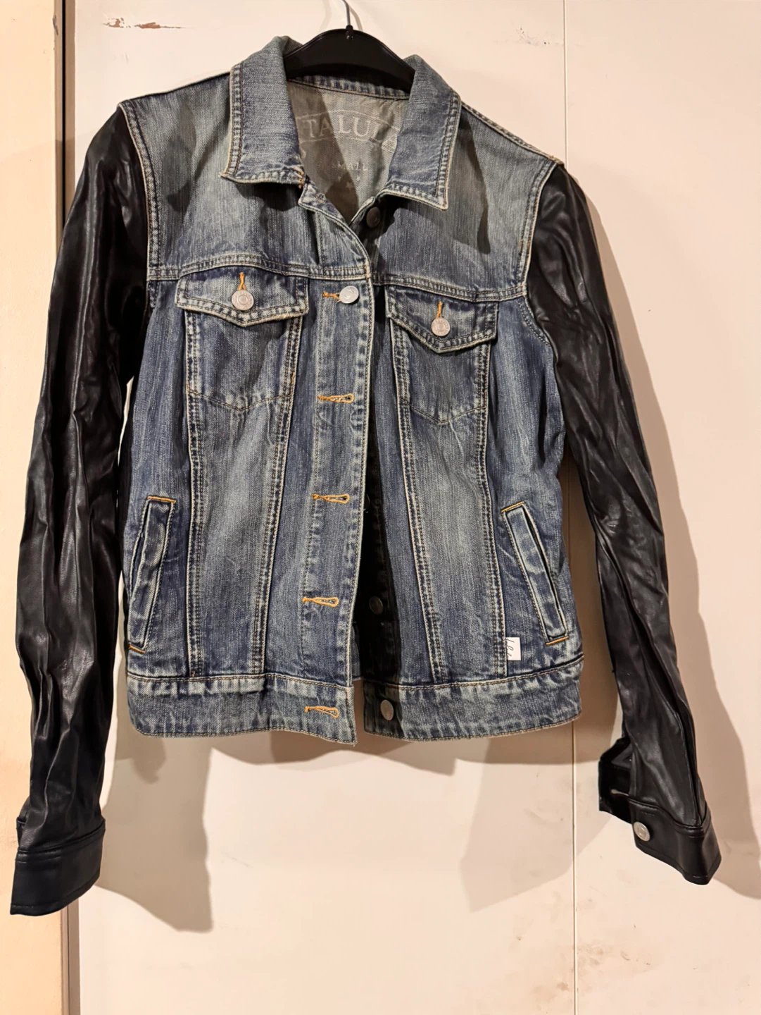 TALULA Denim Jacket with Faux Leather Sleeves - Small