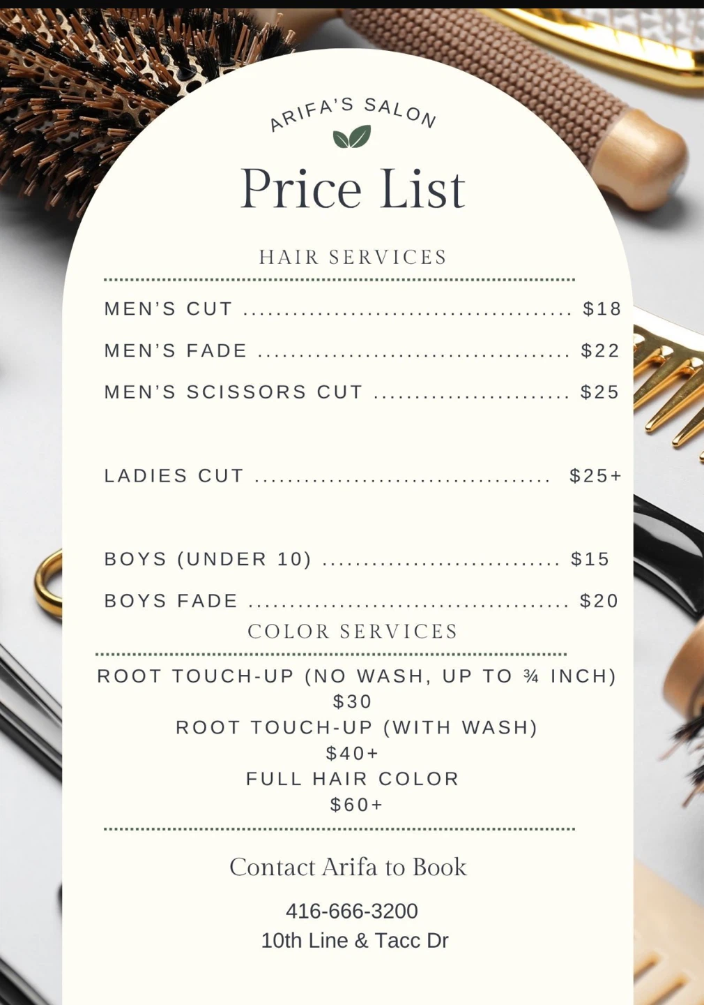 Arifa's Salon Hair Services Price List