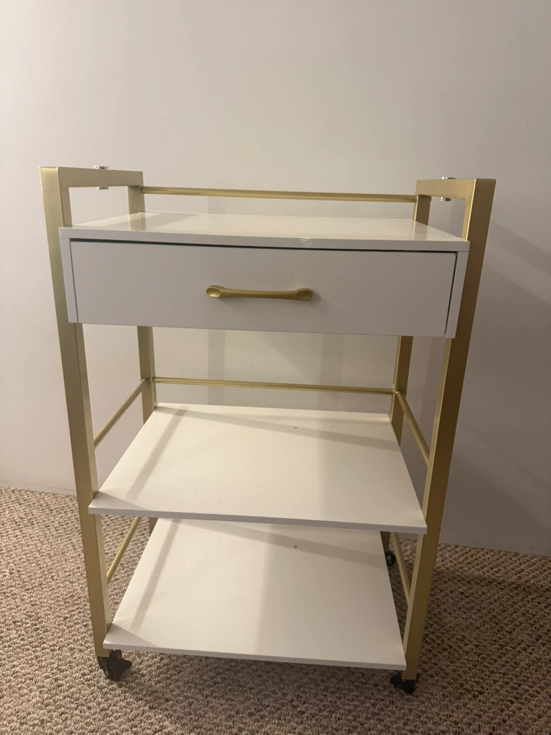 White and Gold Rolling Utility Cart with Drawer