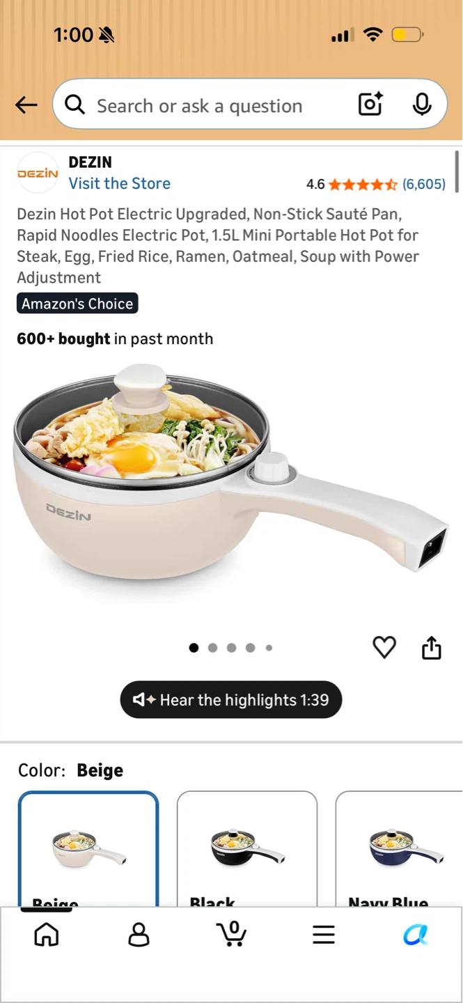Dezin Electric Hot Pot, 1.5L Portable Mini Pot, Beige