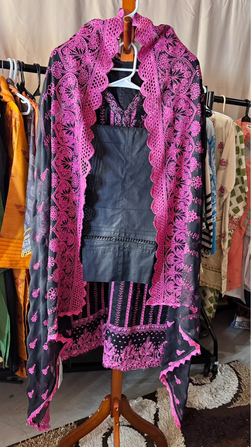 Black & Pink Embroidered Kurti with Dupatta