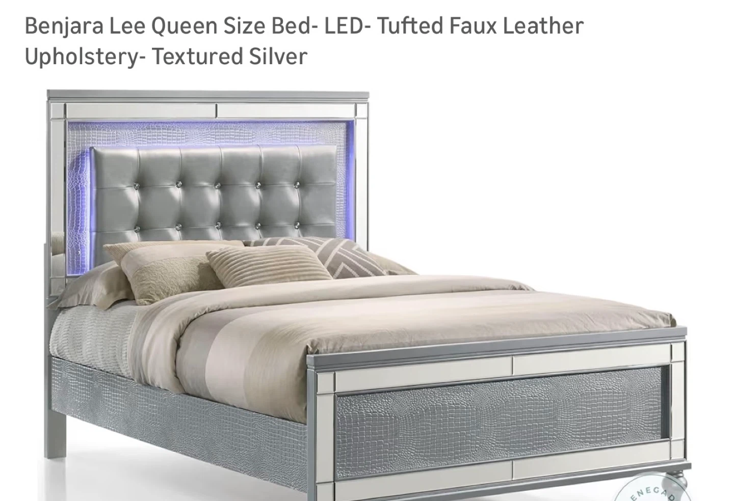 Benjara Lee Queen Size Bed - LED Tufted Faux Leather Upholstery