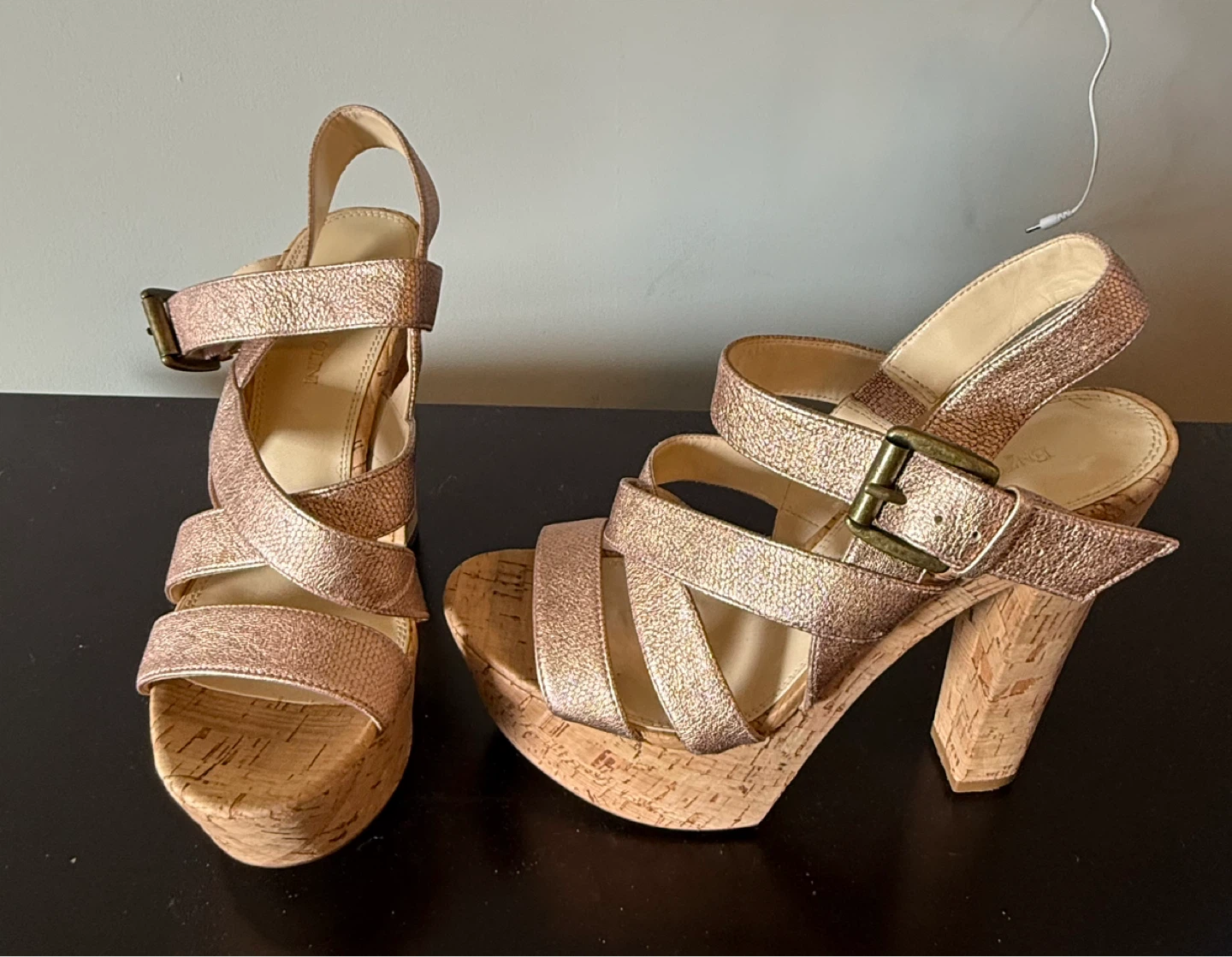 Enzo Angiolini Rose Gold Cork Wedge Sandals Size 7