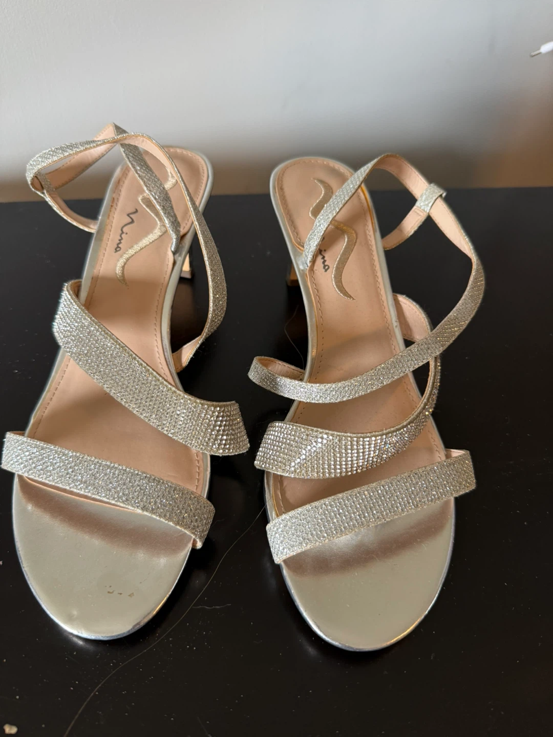 Nina Women's Silver Glitter Embellished Strappy Heels - Size 10W