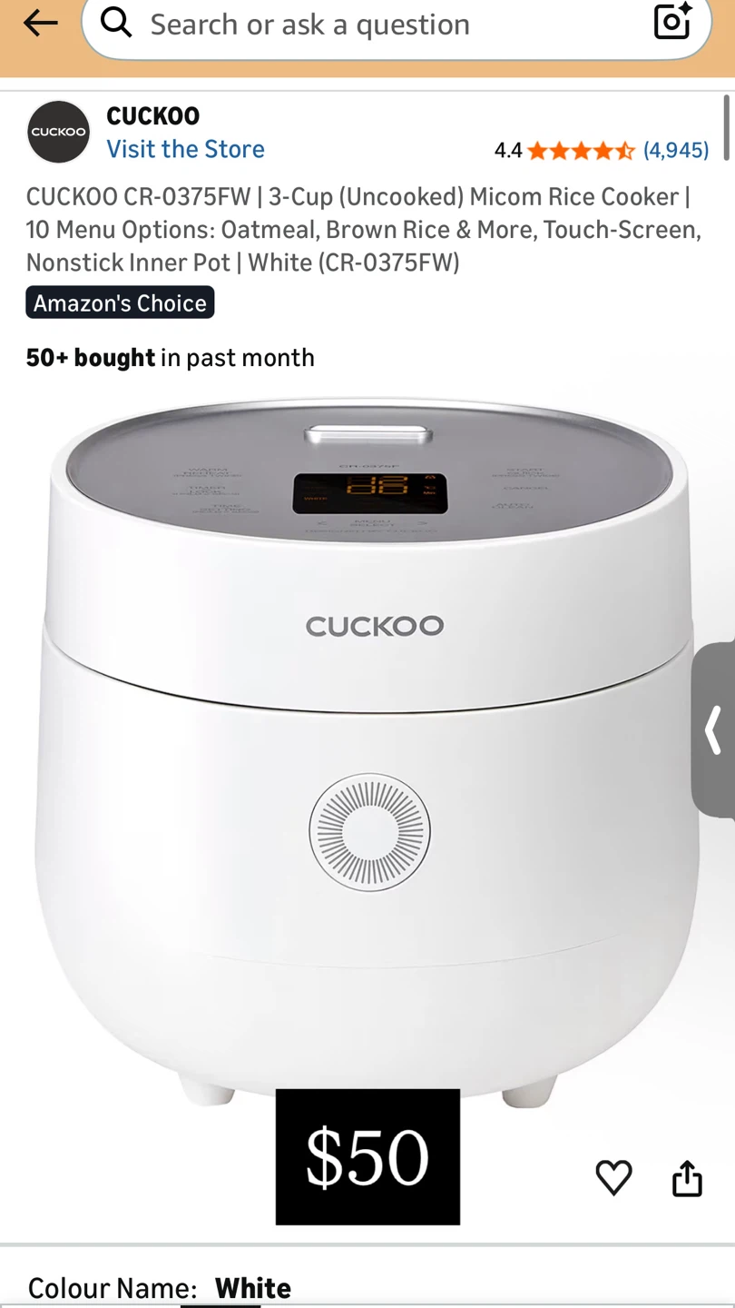 CUCKOO CR-0375FW 3-Cup Micom Rice Cooker | White