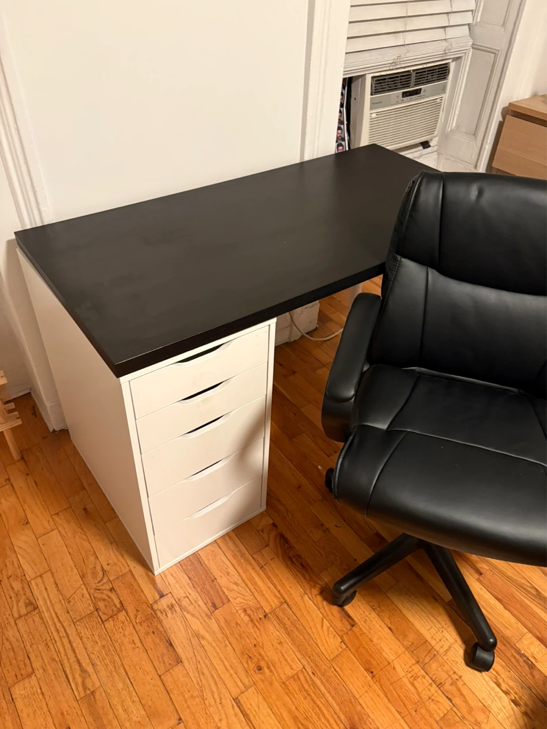 Desk with Drawer Unit and Black Leather Chair