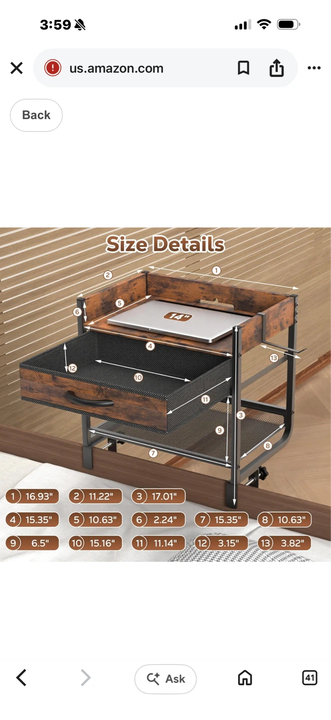 Bedside Shelf with Drawer and Metal Mesh Layer - photo 2