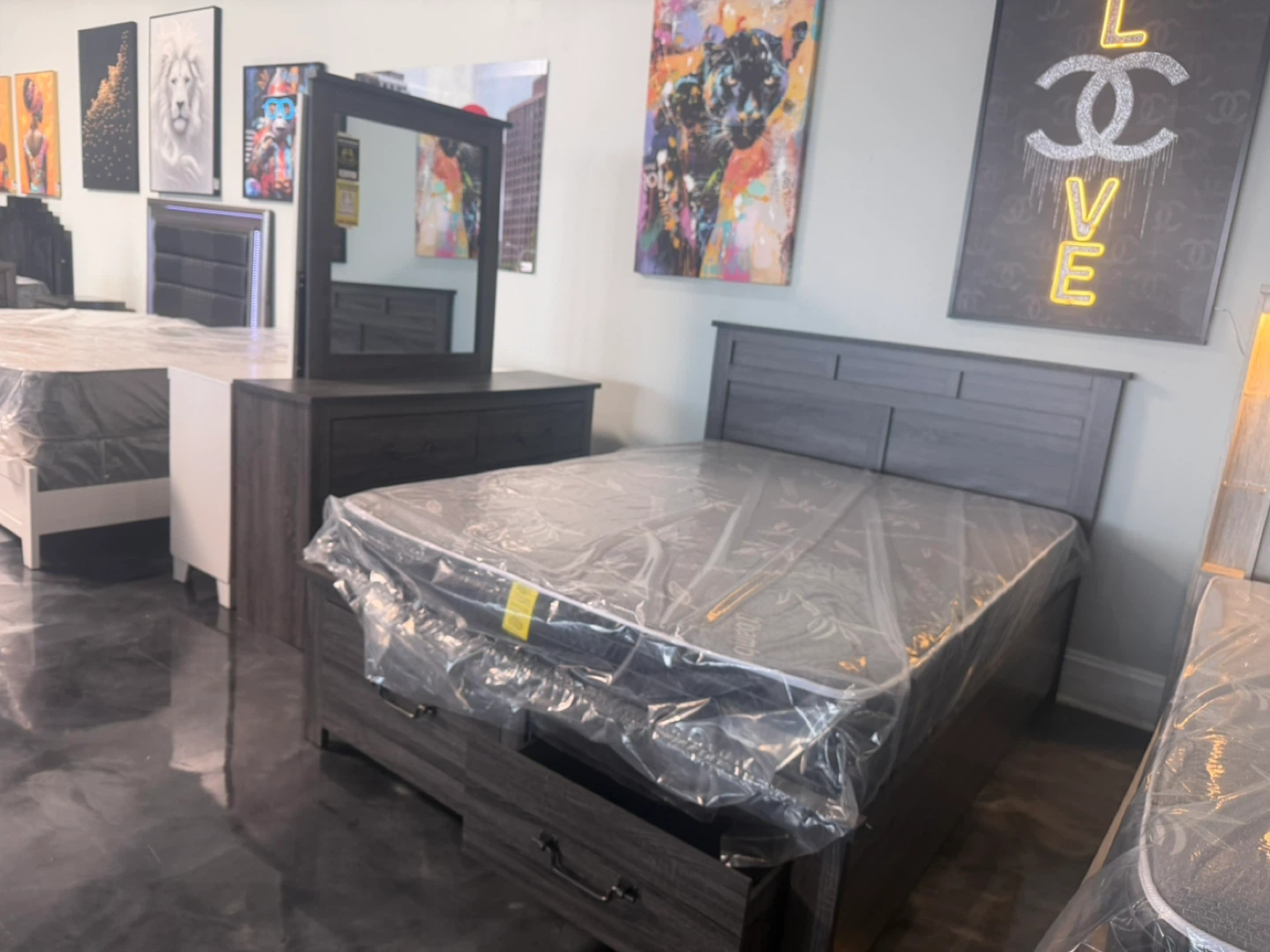 Dark Gray Queen Size Bed Frame with Headboard